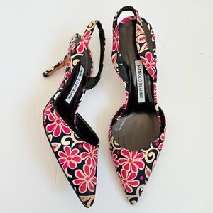 Manolo Blahnik Black and Pink Floral Heels